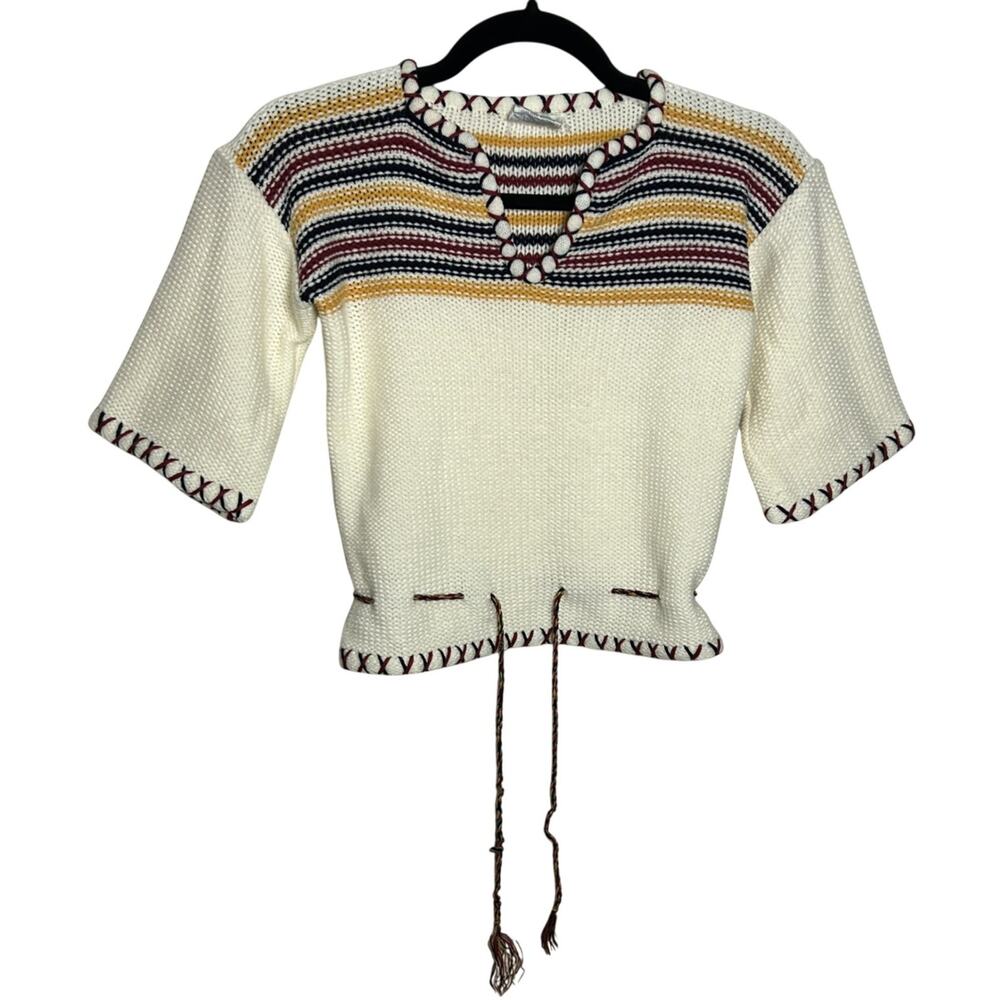 VTG F.A.I. Ivory Knit Striped Drawstring Sweater Boho Whimsygoth S Retro Preppy